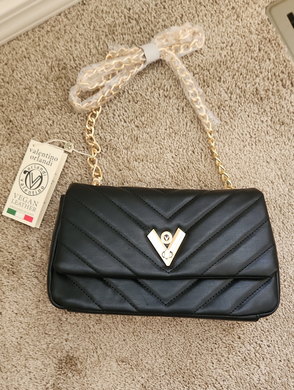 Valentino Orlandi Black Quilted Crossbody with Gold Chain